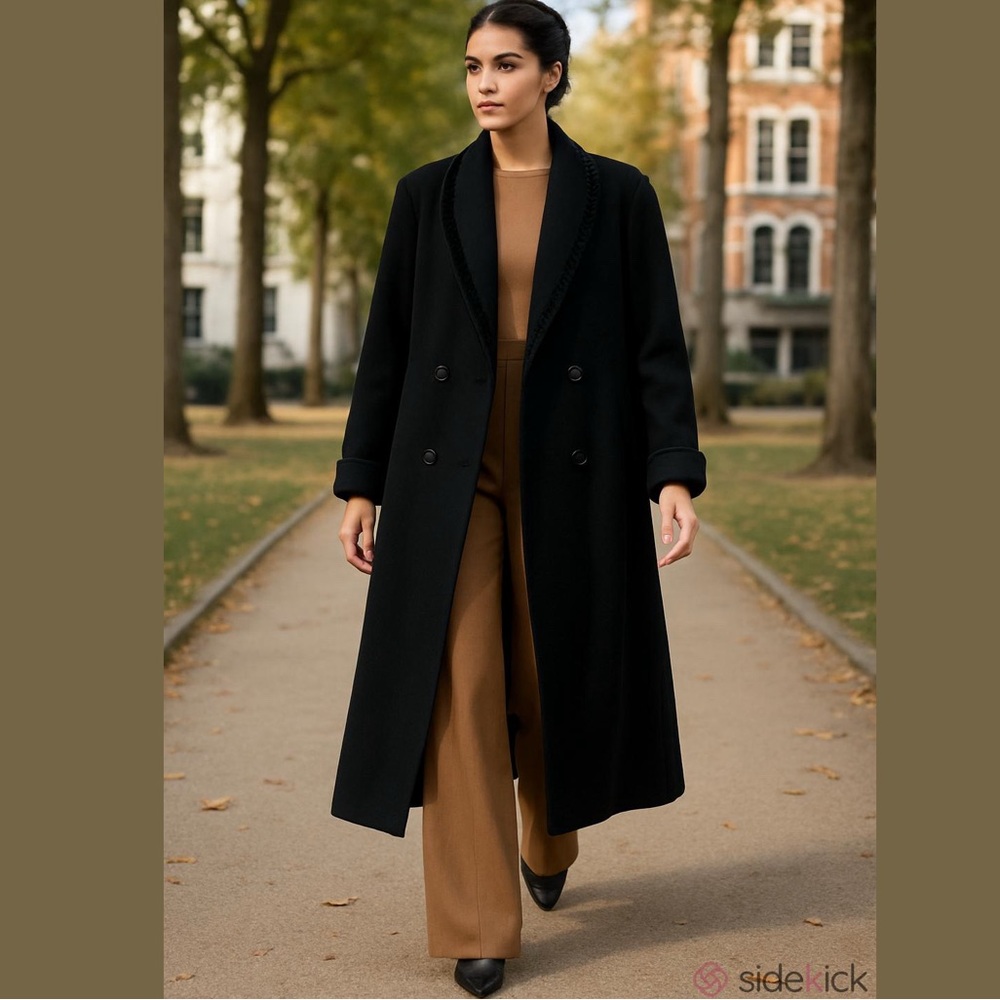 80s JOFELD WOOL BLACK DBL BREASTED MAXI COAT W VELVET TRIM SCALLOP SHAWL COLLAR